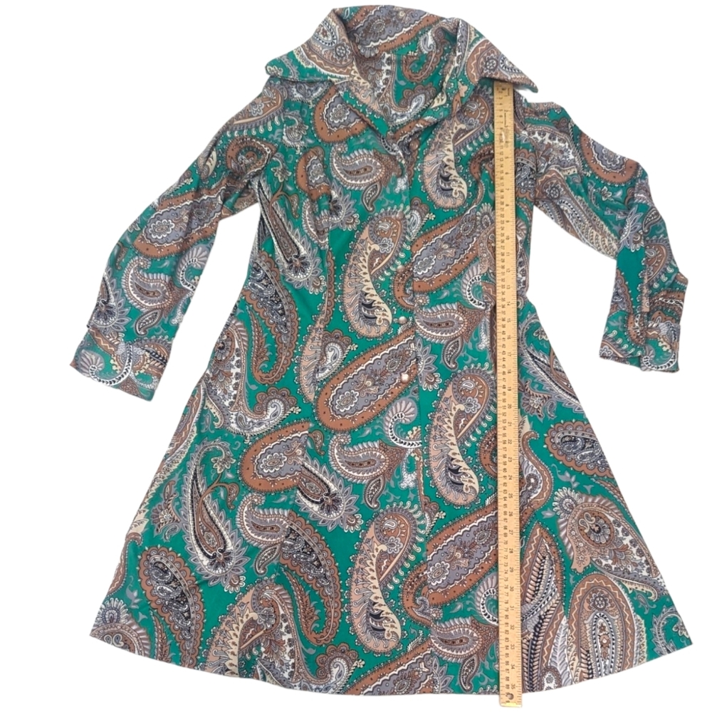 Vintage 70s 60s Paisley Shirt Dress Womens Large Polyester Green Shift - Picture 12 of 13